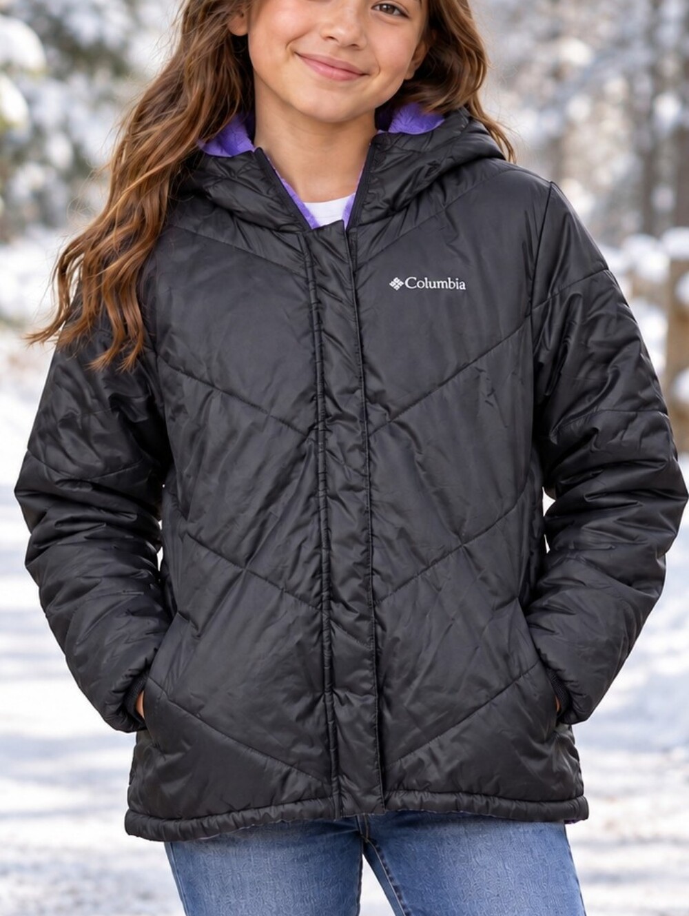 Columbia Black Puffer Jacket with Purple Lining
